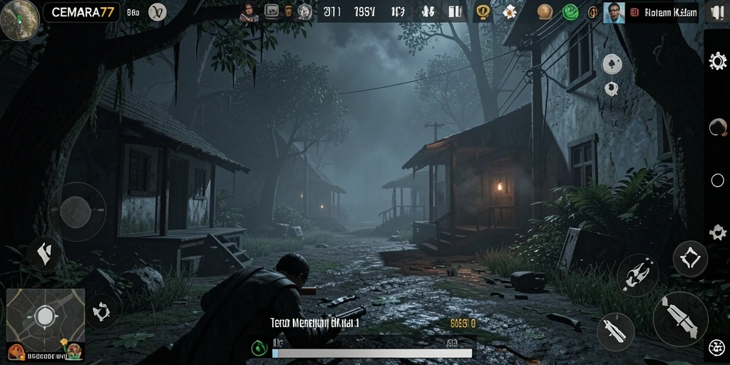 Tampilan gameplay mencekam di CEMARA77 dengan suasana yang gelap.