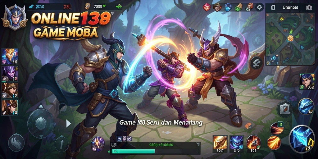 Screenshot gameplay ONLINE138 menunjukkan aksi pertempuran seru dalam permainan MOBA.