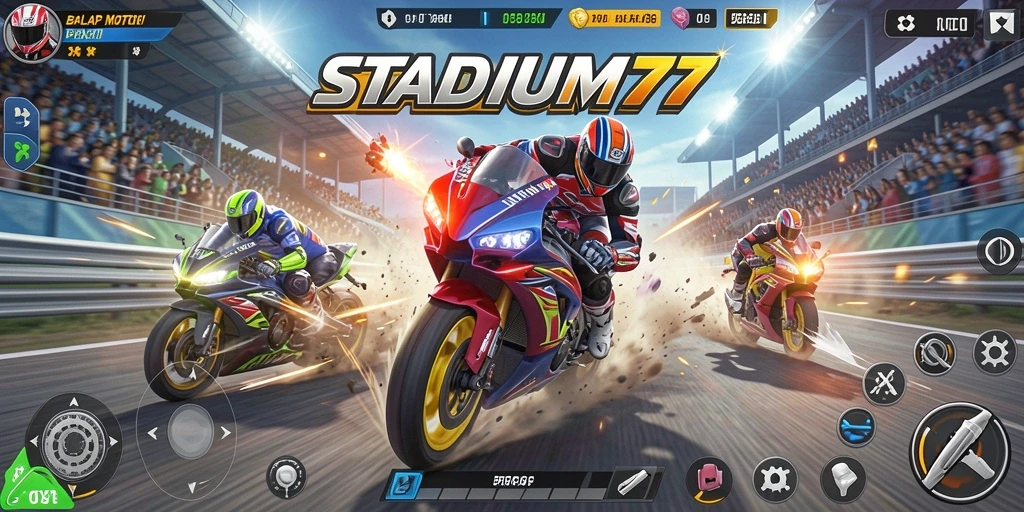 Tampilan gameplay STADIUM77 dengan balapan motor yang mendebarkan.