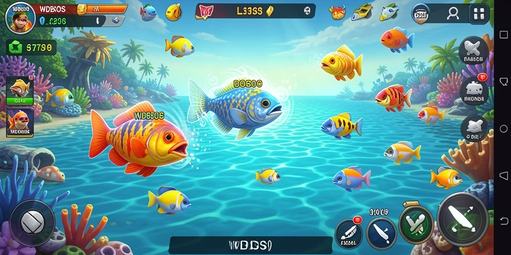 Screenshot gameplay WDBOS dengan aksi tembak ikan yang seru.